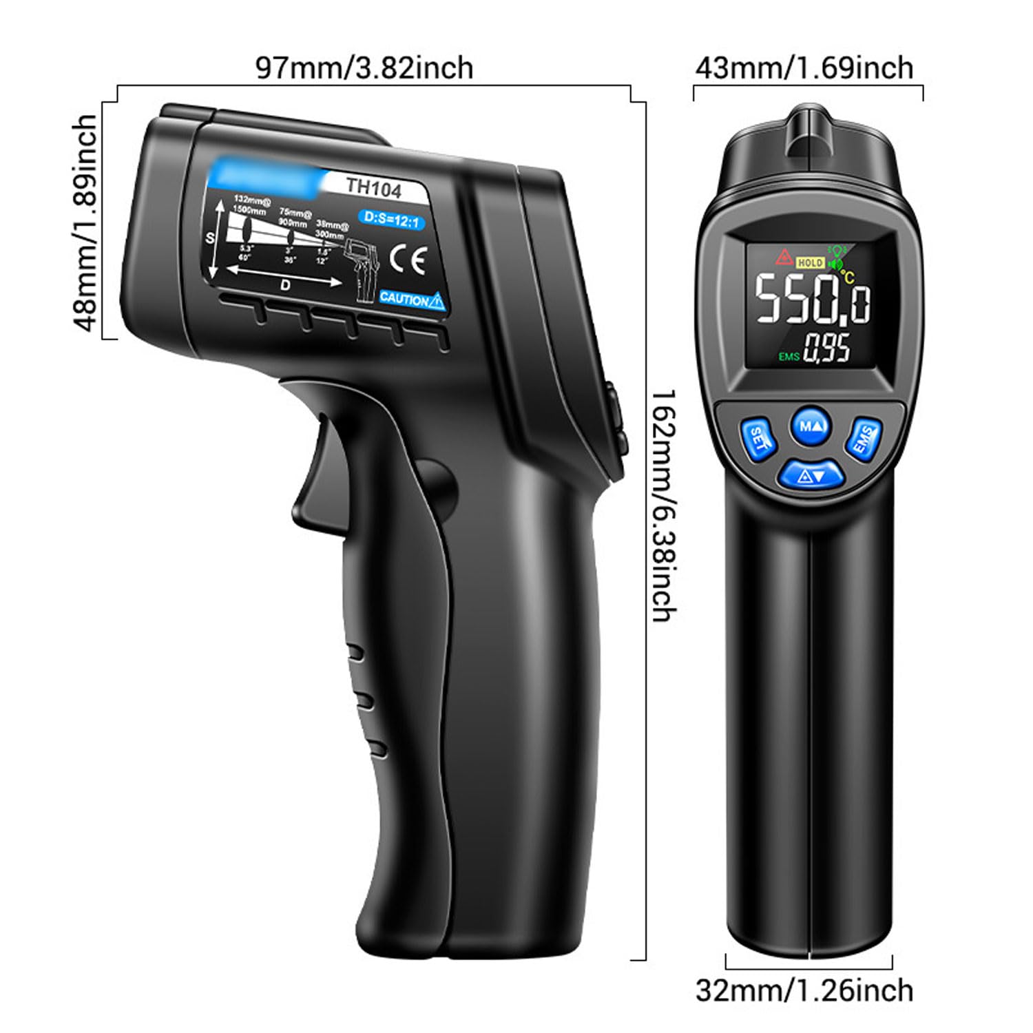 Sensor de termómetro, medidor de temperatura de calor portátil, la emisividad es ajustable y la emisividad se puede cambiar, aviso de batería baja y apagado automático en 20 segundos, para cocinar