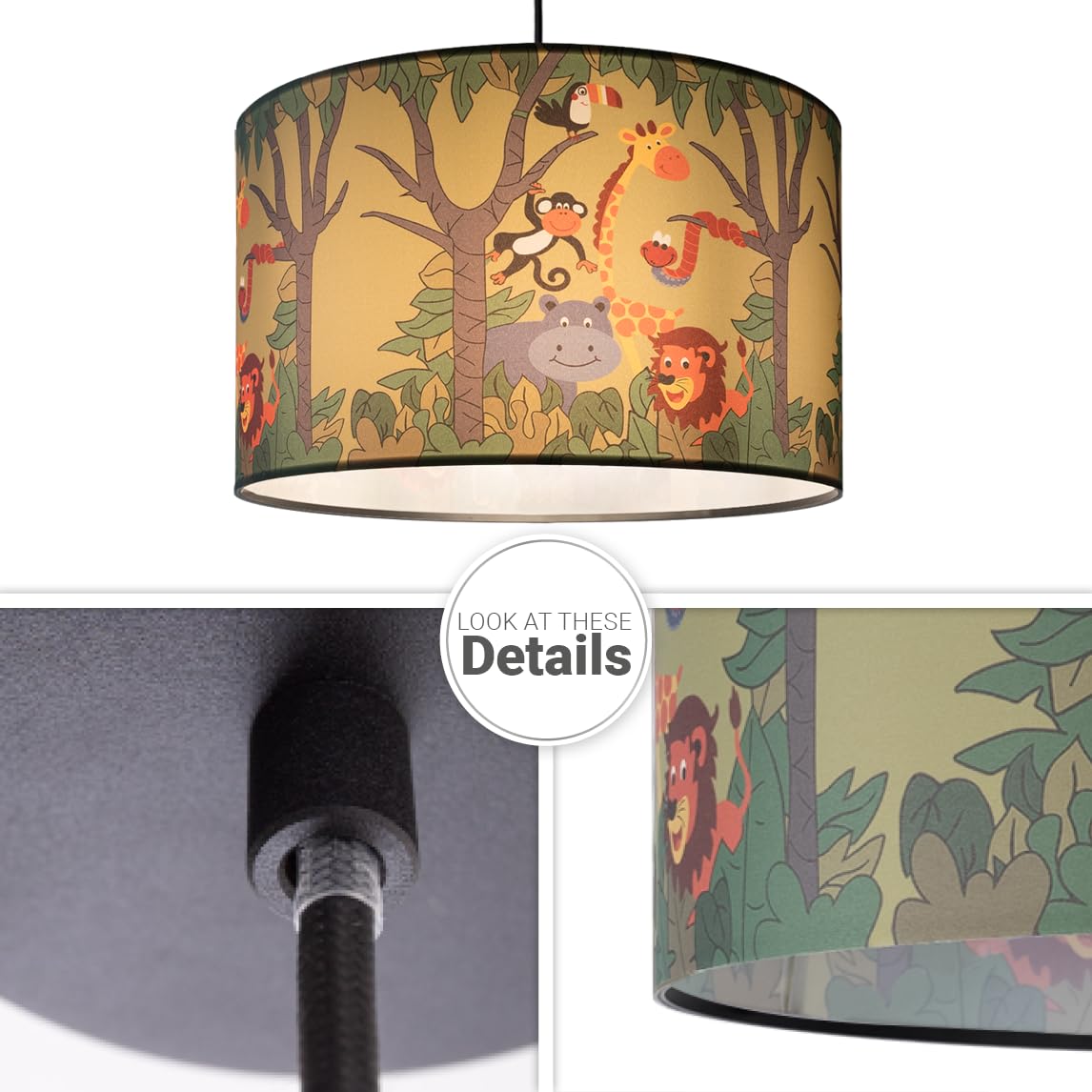 Paco Home Sospensione Cameretta Bambini Tessuto Rotonda Giungla Animali Maschio Femmina E27 Colorata