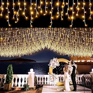 Homehop Solar Light Outdoor 300 LED Waterproof String Icicle Lamp for Christmas and Party Decoration, Garden, Wall, Rechargeable with 8 Lighting Modes6M,800Mah.(Warm Light ABS)
