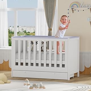 Cot Bed Bedside Baby Crib with Changing Table Toddler Bed for Baby with Adjustable Base Teething Rail Large Drawer Convertible Baby Bed Nursery Furniture Newborn Essentials up to 3 Years (White)