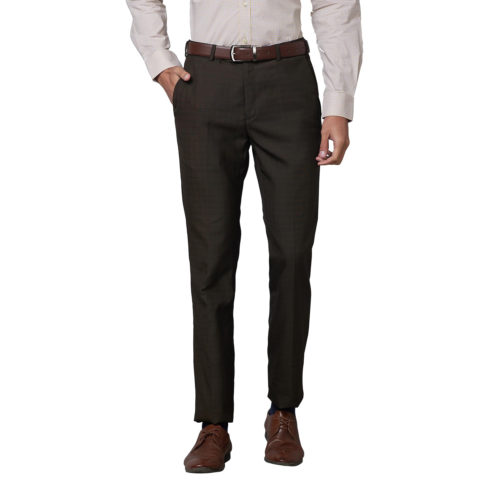 raymond Men's Slim Fit Polyviscose Blend Flat Front Checks Pattern Dark Brown Formal Trouser-picture-11