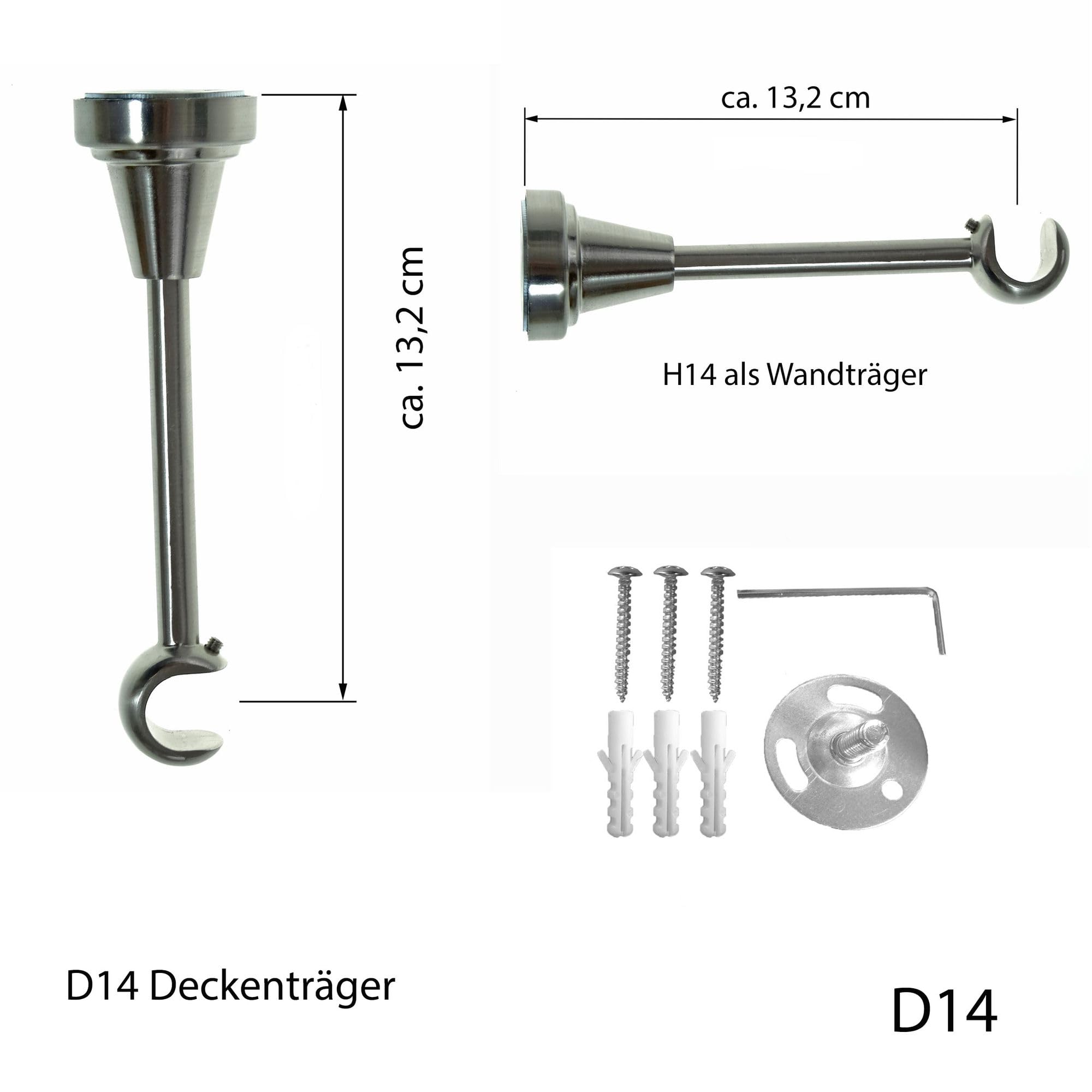 BASIT Gardinenstange Edelstahllook 16mm 1-läufig Decke 400cm lang D14 | Gardinenstangenset einläufig Deckenmontage Metall Vorhangstange Deckenhalterung 120-600cm wählbar Kappe Kugel E22