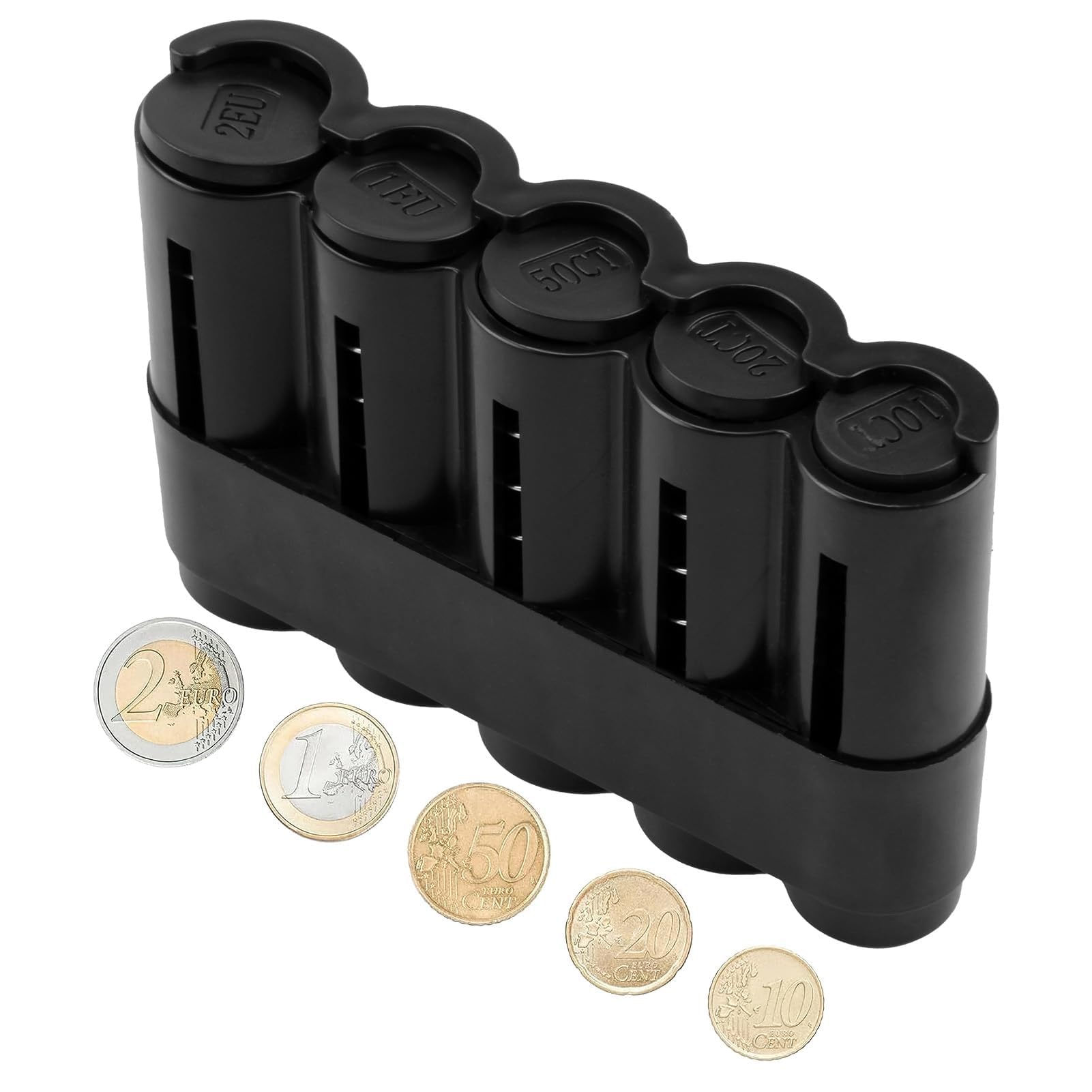 Clasificador Monedas, Portamonedas con 5 Compartimentos para Monedas de 2€, 1€, 50c, 20c y 10c, Diseño de Plástico Negro