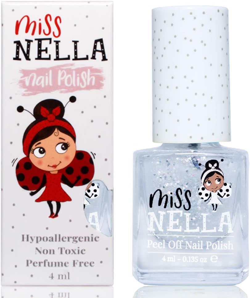 Miss Nella CONFETTI CLOUDS- Esmalte rosado especial para uñas con brillos para niños, fórmula despegable, a base de agua y sin olor