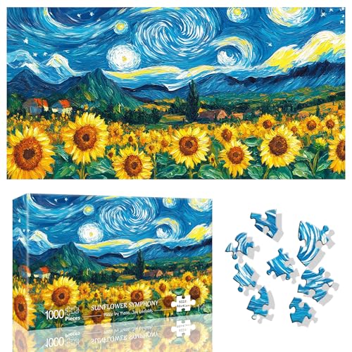 Ginfonr Puzzle de 1000 Piezas, Cielo Estrellado Puzzle para Adultos. Rompecabezas desafiante. Girasoles Juegos de Rompecabezas para Toda la Familia