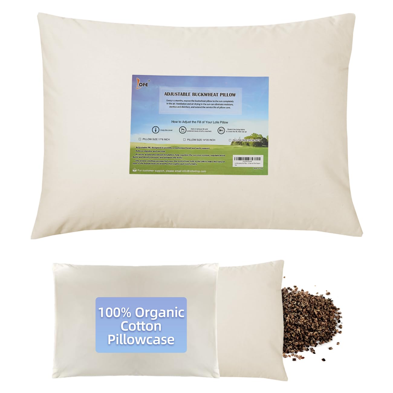LOFE Organic Buckwheat Pillow for Sleeping with Organic Cotton Pillowcase - 16''x22'', Adjustable Loft, Breathable for Cool Sleep, Cervical Support for Back and Side Sleeper(Tartary Buckwheat Hulls)
