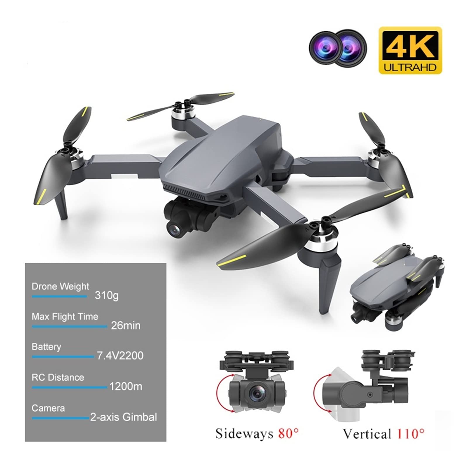 Drone Drone Profesjonalna kamera 4K HD Gimbal Dron Bezszczotkowa fotografia lotnicza WiFi FPV GPS Składane RC Quadcopter Drony (Kolor: bezszczotkowy-szary-4K-3B Rozmiar: 1) (Bezrdzeniowy Blk)
