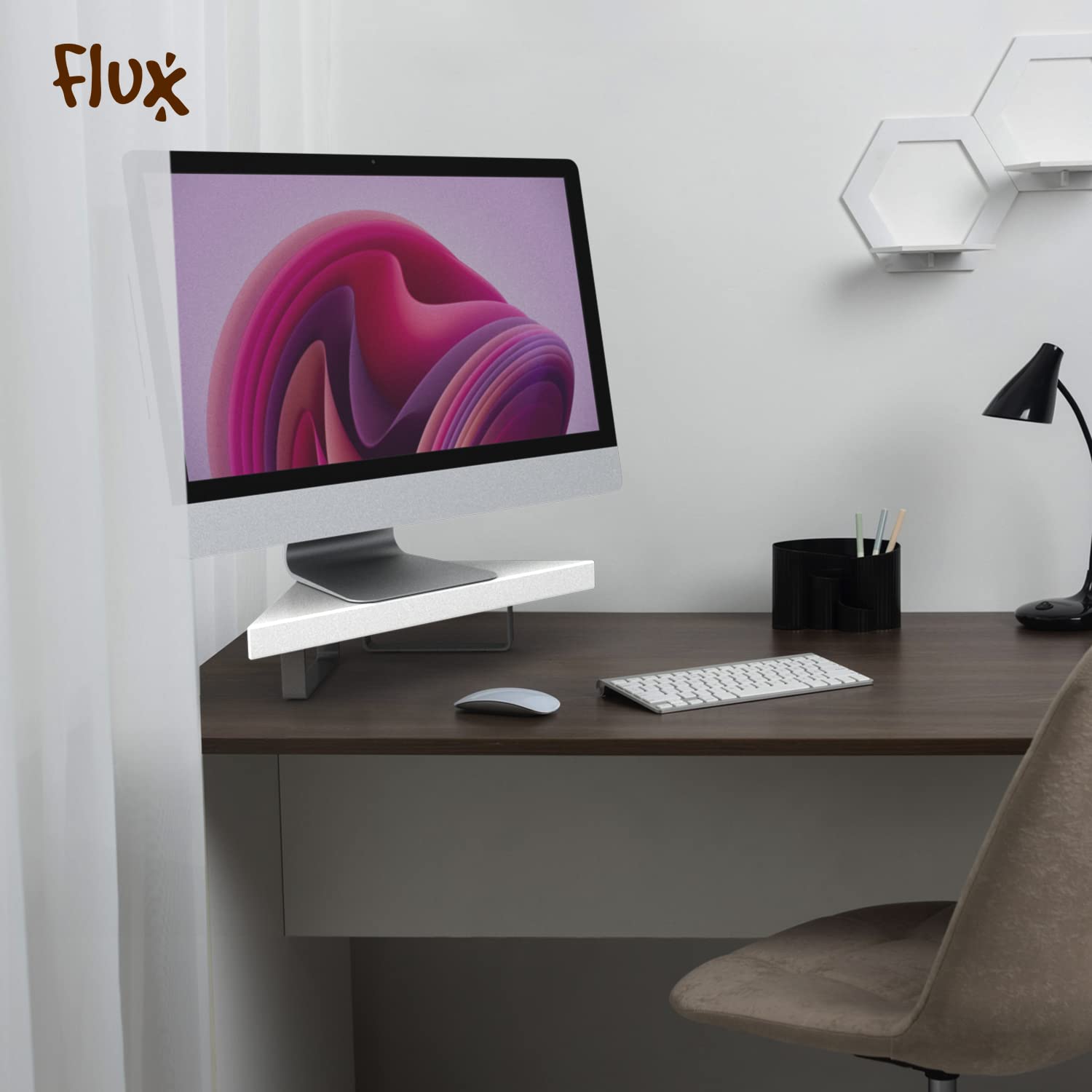 flux Wooden Monitor Stand | Monitor Stand Riser | Laptop Stand | Pc Stand Wooden | Made for Corners ,Material: Particle Board & Metal 23 Inch Shelf size -(45 x 25 x 8.5 cm) (Tringular white) 2