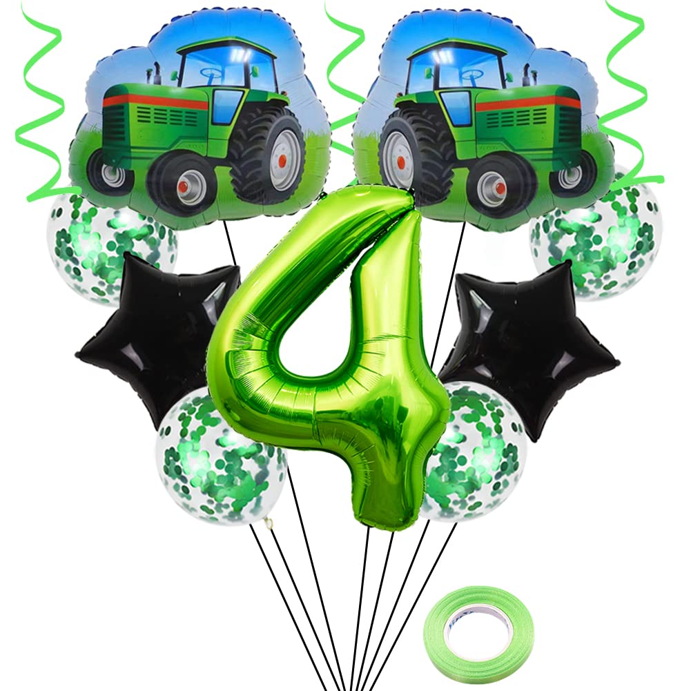 Weenkeey 4th Tractor Birthday Balloons Jumbo Tractor Foil Balloons Farm Tractor Themed Party Balloon 32 Inch Green Number 4 Helium Balloon Star Mylar Balloon for Birthday Party Decoration