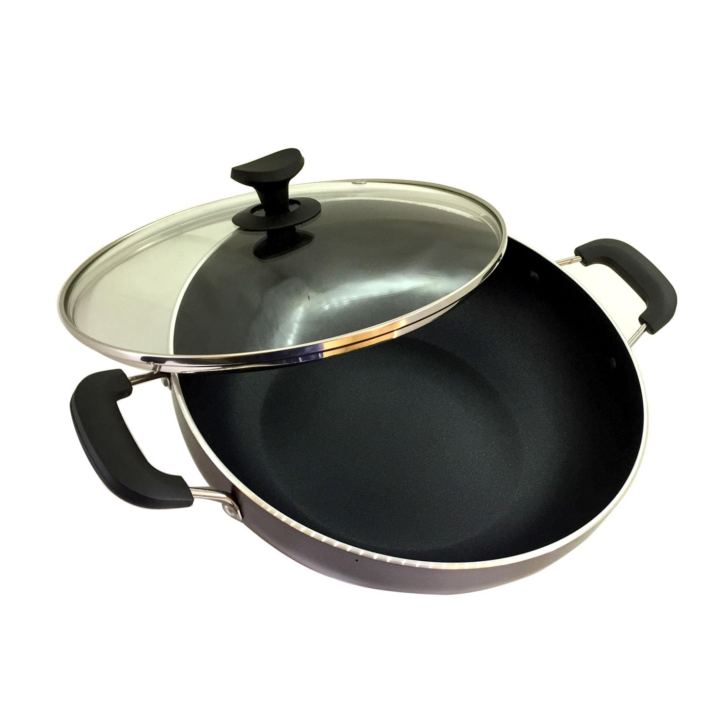 Nonstick Kadai Deep Fry Kadhai Aluminium Induction Base Karahi Frying Pan 2.2 Litre Nonstick All Purpose Cooking Skillet Wok with Glass Lid
