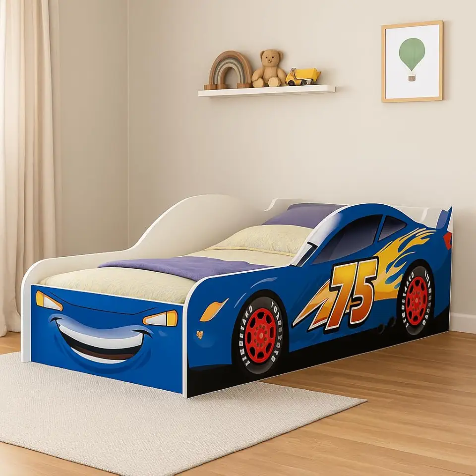 Cama Carro Infantil Juvenil Com Proteção Lateral (Mc Queen - Azul)