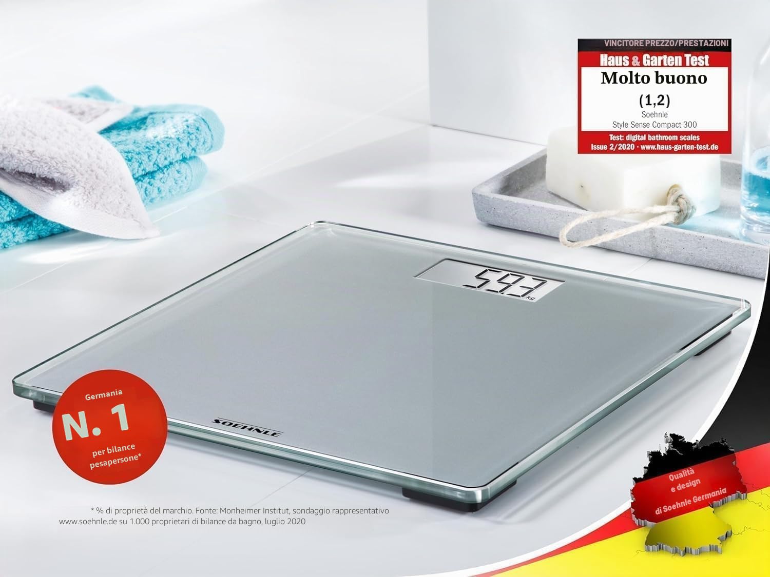 Soehnle Style Sense Compact 300 Bilancia pesapersone digitale display LCD con piedi antiscivolo, Grigio