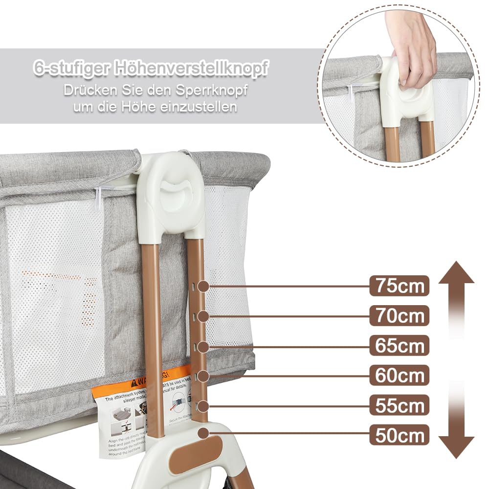 homewell 3 in 1 Babybett, Beistellbett Baby & Stubenwagen, Verstellbarer Co-Sleeper, Höhenverstellung und Einstellung der Neigung der Matratze, 4 Räder mit Bremse
