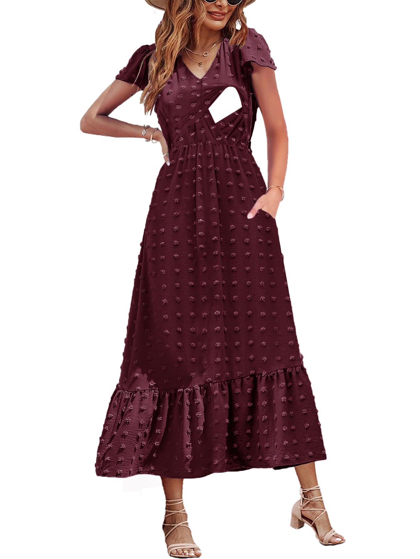 CzzzyL Women Nursing Dresses Cap Short Sleeve V Neck Swiss Dot with Pockets