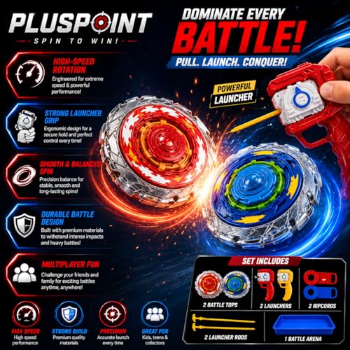 Image of PLUSPOINT Spining Battle Top Toy Set of 2 Tops and 1 Tray with Launcher and Grip, Metal Gyro Fighting Tops Starter Set for Kids, Competitive Spin Game Toy Gift for Boys and Girls Age 6+