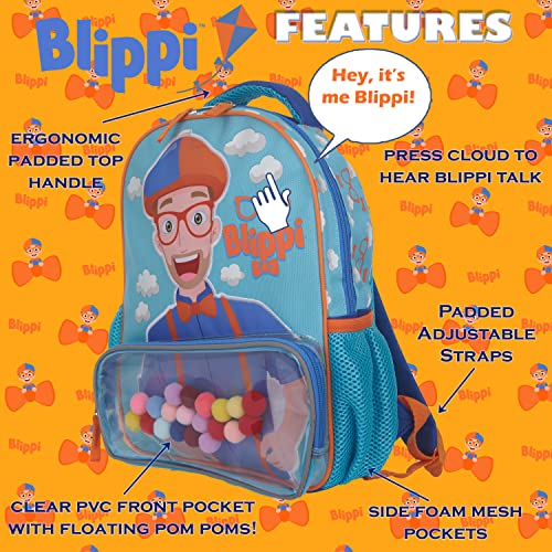 Blippi Backpack With Sound For Boys And Girls, Clear Front Pocket And Mesh Side Pockets, Toddler’s Schoolbag With Padded Back And Adjustable Straps, Versatile Day Pack For Kids, Blue And Orange #TOP6