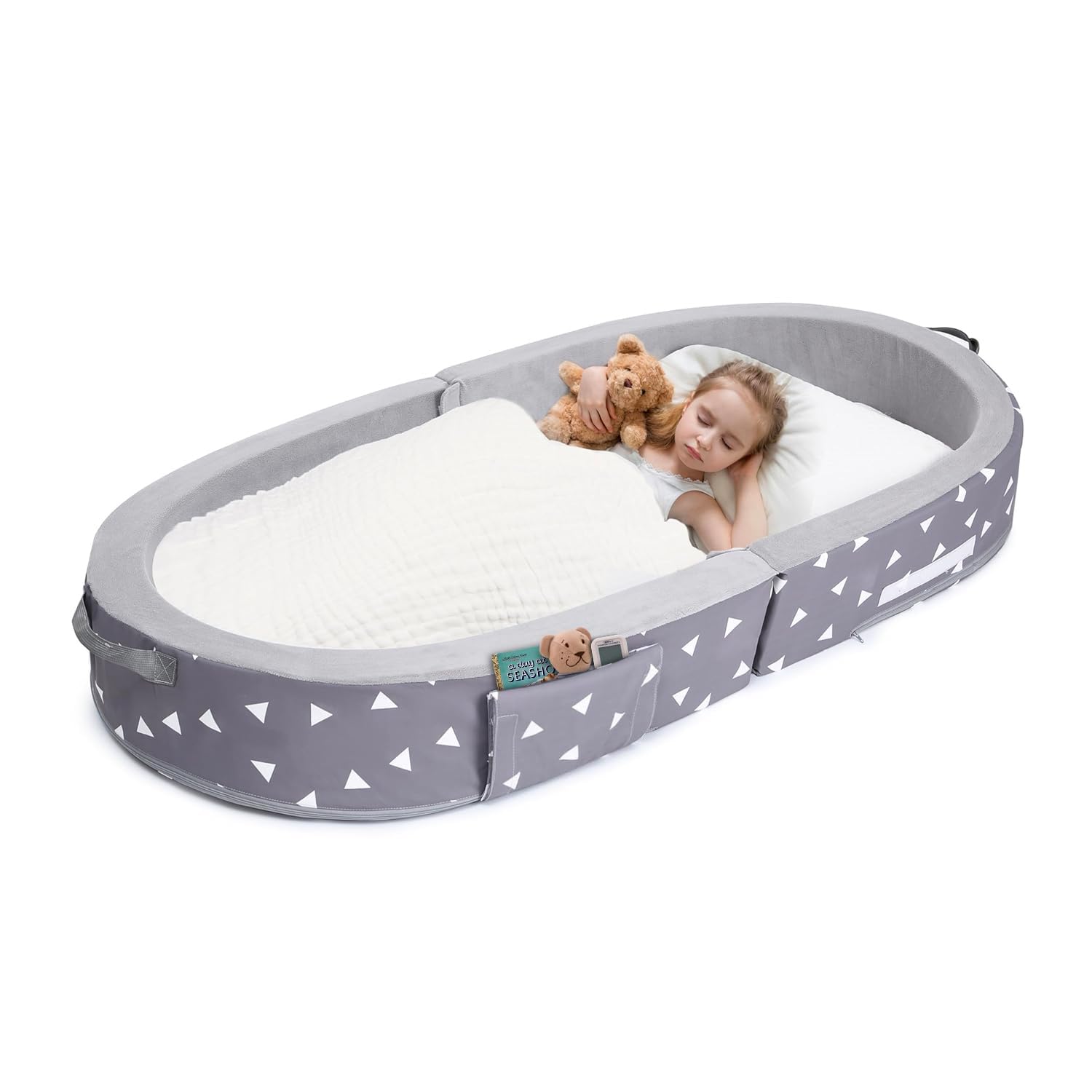 Mooedcoe Portable Foldable Toddler Travel Bed with Sides, Portable Toddler Bumper Bed for Travel Kid Foam Sleeping Cot for Children 18M – 5yr Old