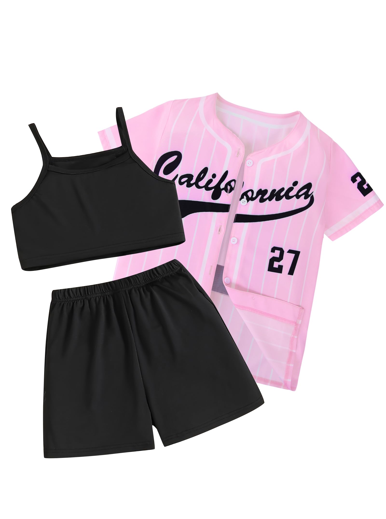 Hilinker Girls Graphic 3 Piece Outfits Short Sleeve Striped Cardigan and Crop Cami with Shorts Set