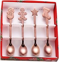 Colher de mexer de café de 4 peças com caixa de presente, colher de mexer de talheres de cozinha, decorações de mesa de natal para uso diário natal, Rosa ouro