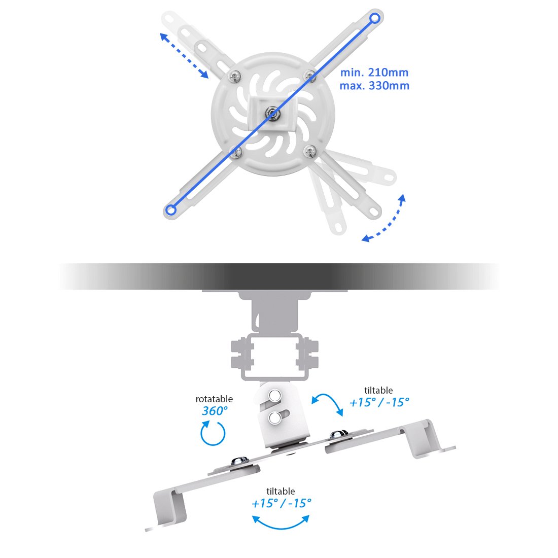 deleyCON Universal Beamerhalterung Projektor Deckenhalterung - Neigbar +-15° - 360° Schwenkbar - bis 13,5Kg Belastbar - mit Kabelführung - Weiß