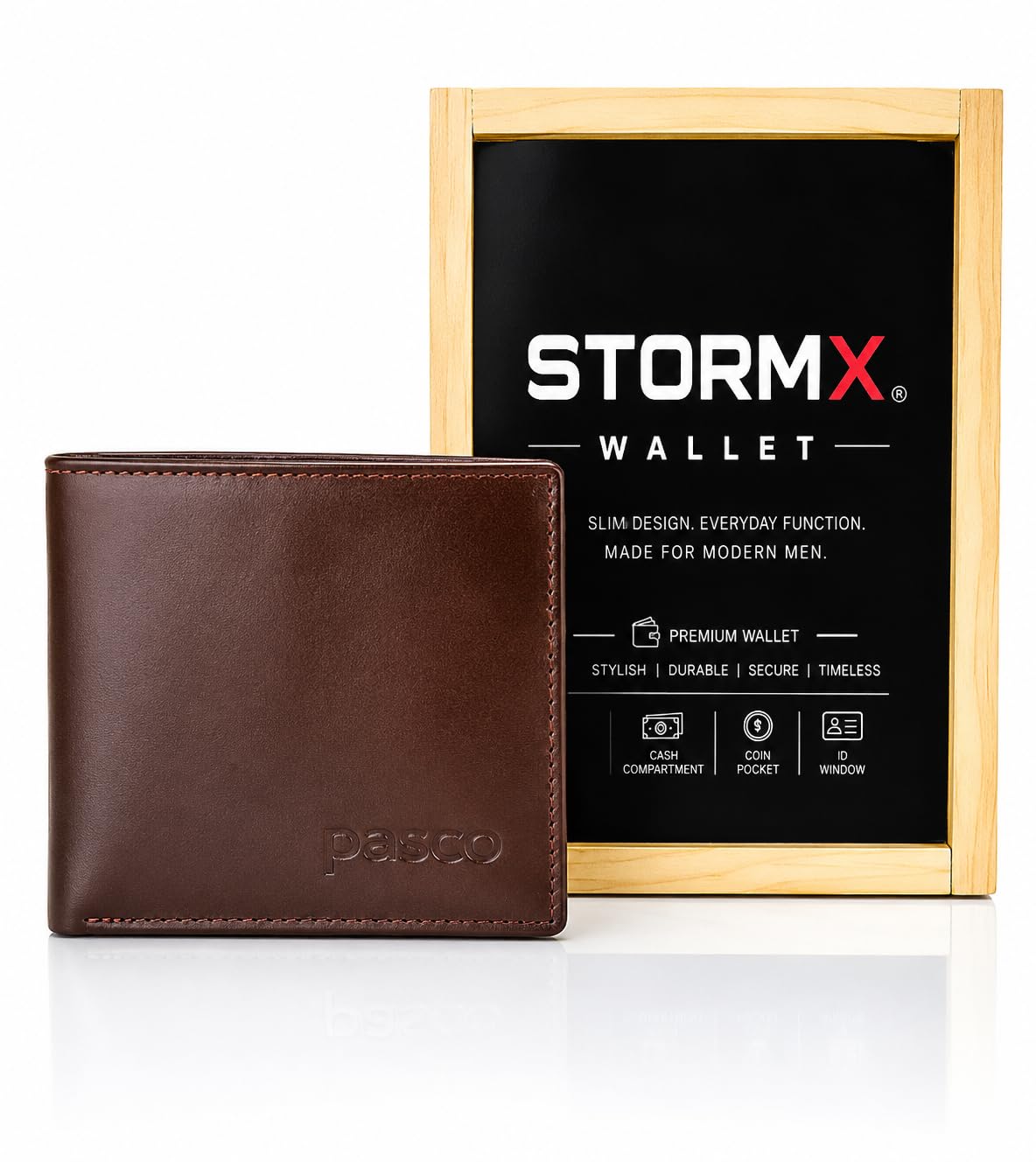 men's premium leather wallet in wooden box | brown bi-fold wallet with 6-card slots, id window, 1-coin pocket, dual cash compartments & 1-zipper pocket|ideal gift for husband, father & brother