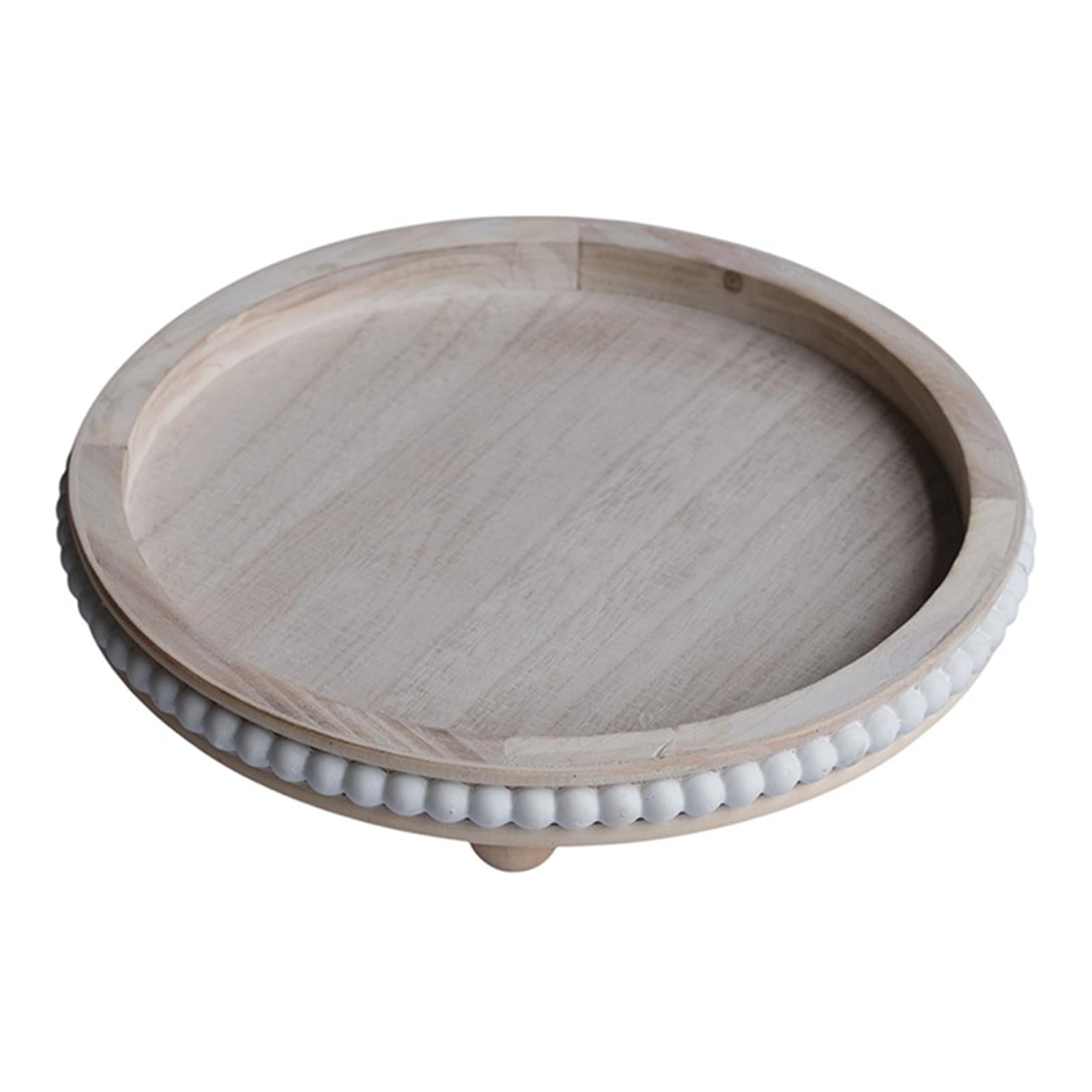 Wood Decorative Tray Round with Beaded Detail, Dresser Entryway Organizer for Small Item Storage and Display Accent Wooden Vanity Tray Round Catchall Organizer Beaded Border Decor Tabletop Display