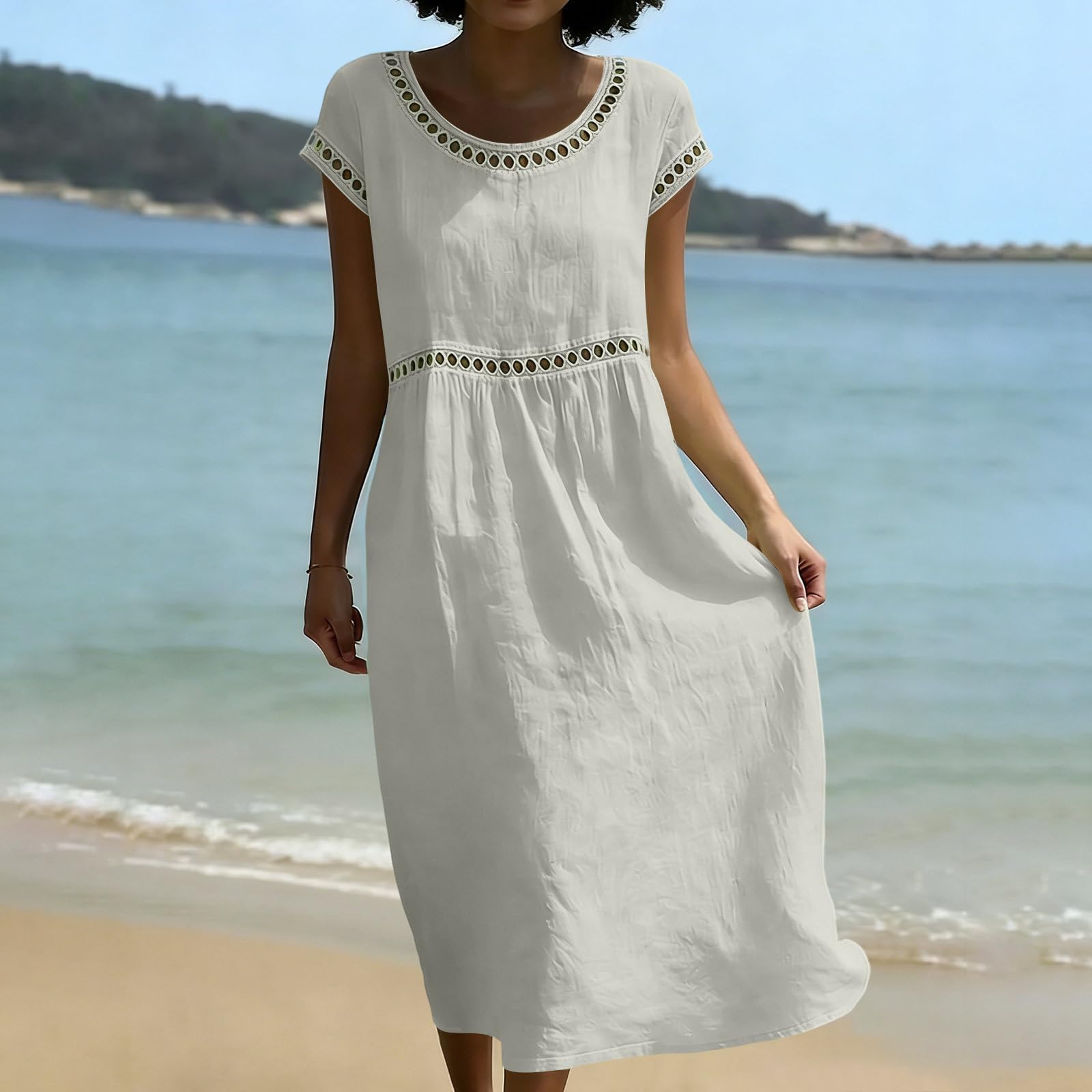 Sommerkleid Damen Lang,Kurzarm Lochstickerei Musselin Locker Kleid Sommer Strandkleid Boho Elegant Baumwolle Leinenkleid V Ausschnitt Mode Maxikleid Leicht und Luftig Freizeitkleid