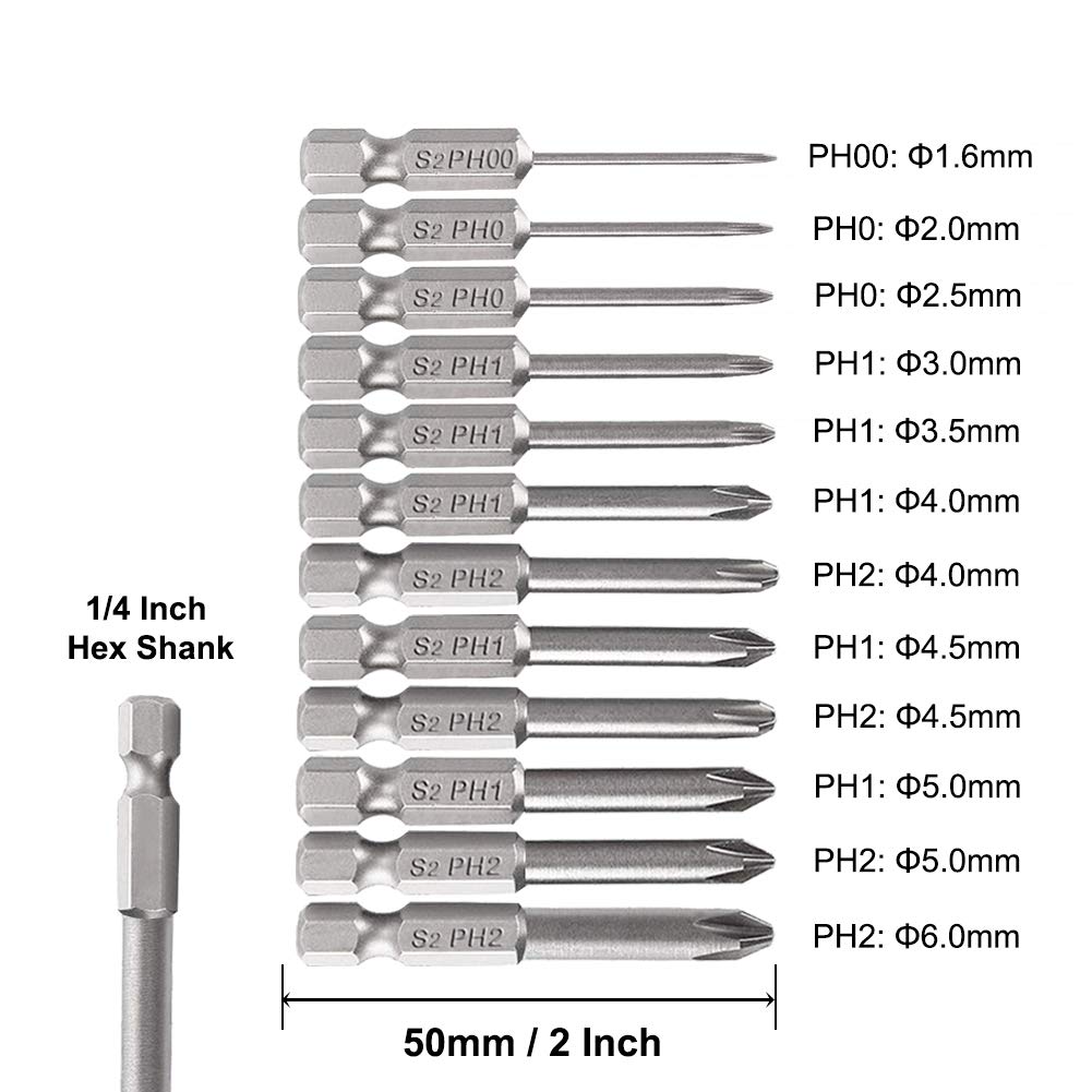 Saiper 12pcs 1/4 Inch Hex Shank Cross Head Screw Driver Bits