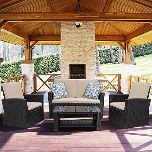 Shintenchi 4 Piece Outdoor Patio Furniture Sets, Outdoor Patio Conversation Wicker Rattan Sectional Sofa Couch Set With Glass Coffee Table for Backyard, Porch, Garden and Poolside, Black
