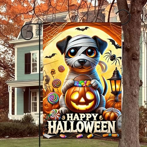 Image of Happy Halloween Garden Flag 12x18 Double Sided Mummy Puppy Ghost Skeleton Dog Garden Flag Candy Trick or Treat Pumpkin Flag Halloween Decorations Banner Fall Decor Outdoor Lawn Yard Flag