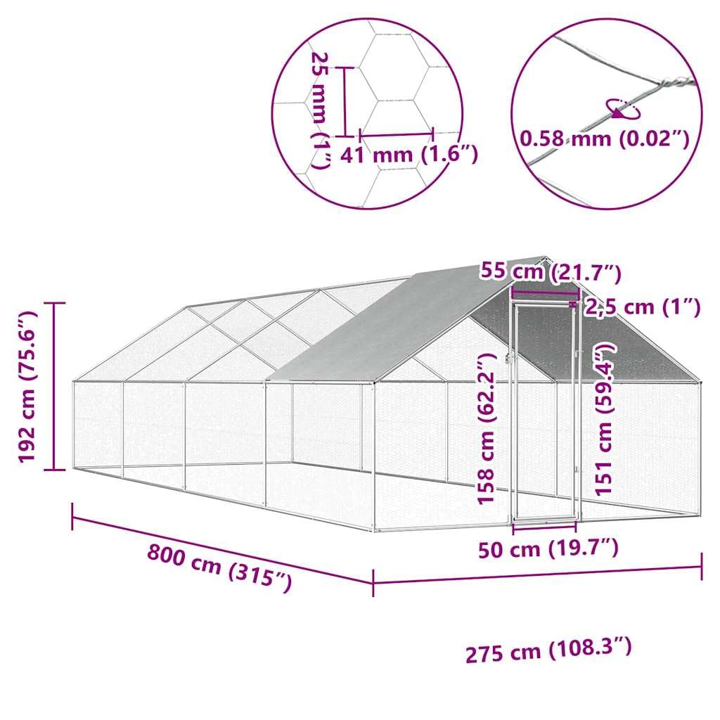 Jaula para pollos al aire libre de acero galvanizado con techo de polietileno, 2,75 x 8 x 1,92 m, gran establo para pollos, conejos, cobayas, animales pequeños y pájaros al aire libre, jardín