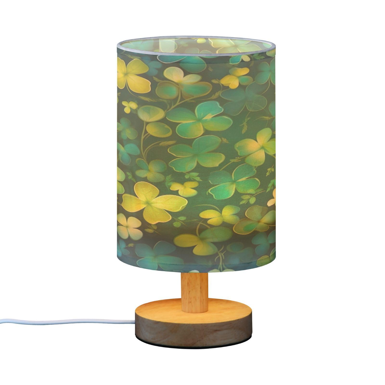 SDMKA Shamrocks Pattern Bedside Table Lamp for Bedroom, Minimalist Nightstand Lamp with Round Fabric Shade for Living Room, Office, No Bulb Required