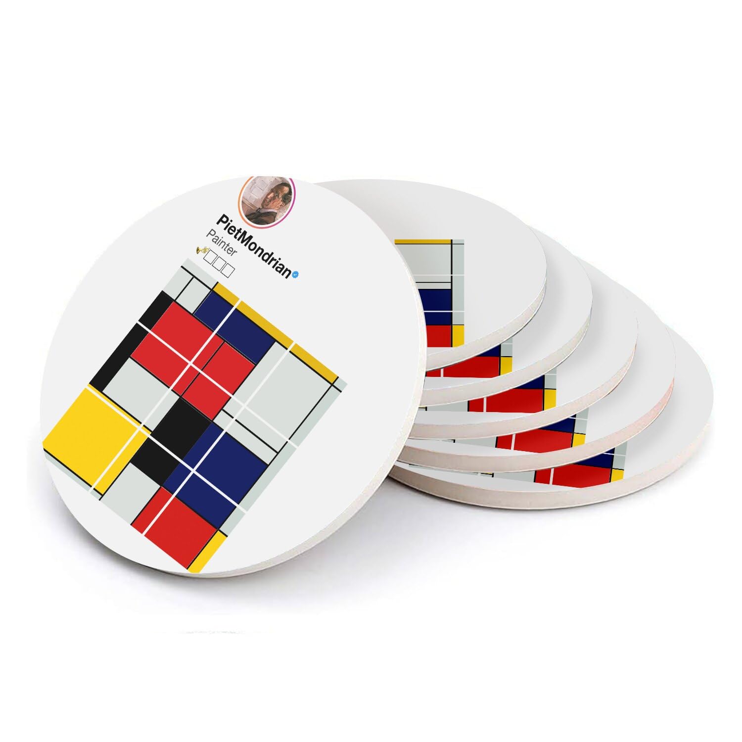 Sous verre ronds en céramique Piet Mondrian - Lot de 6 dessous de verre artistiques 108x108 mm