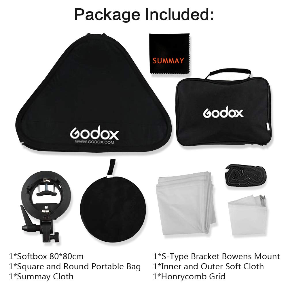 GODOX 80 x 80cm Pliable Grille Boîte à Lumière + S-Type Support Bowens Support pour Godox V850 V860c AD360 Canon 430EX/430EX II 580EX Nikon SB 800 (SFGV80x80 Softbox kit)