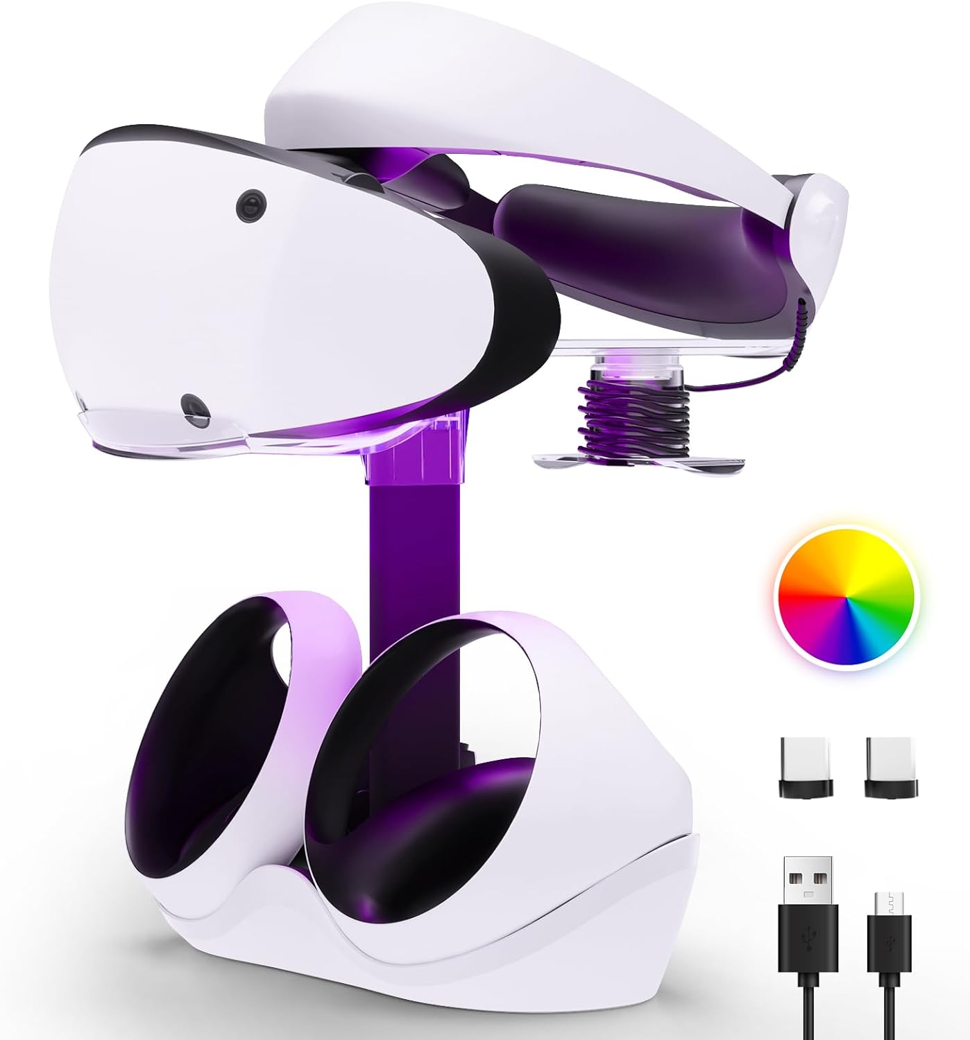 Charging Station for PSVR 2, Multifunction PSVR2 Stand with 7 RGB Light, Headset Display Stand, Dual Controllers Charger Dock, Magnetic Connector, Type-C Cable