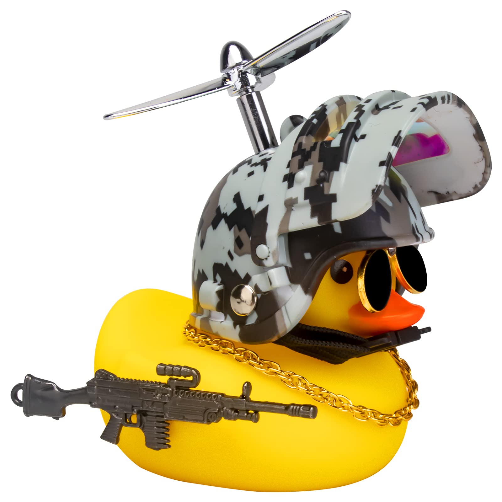 wonuu Rubber Yellow Duck Car Ornaments Cool Duck Car Dashboard Decorations with Propeller Helmet Sunglasses (Digital Camo-Yellow G)