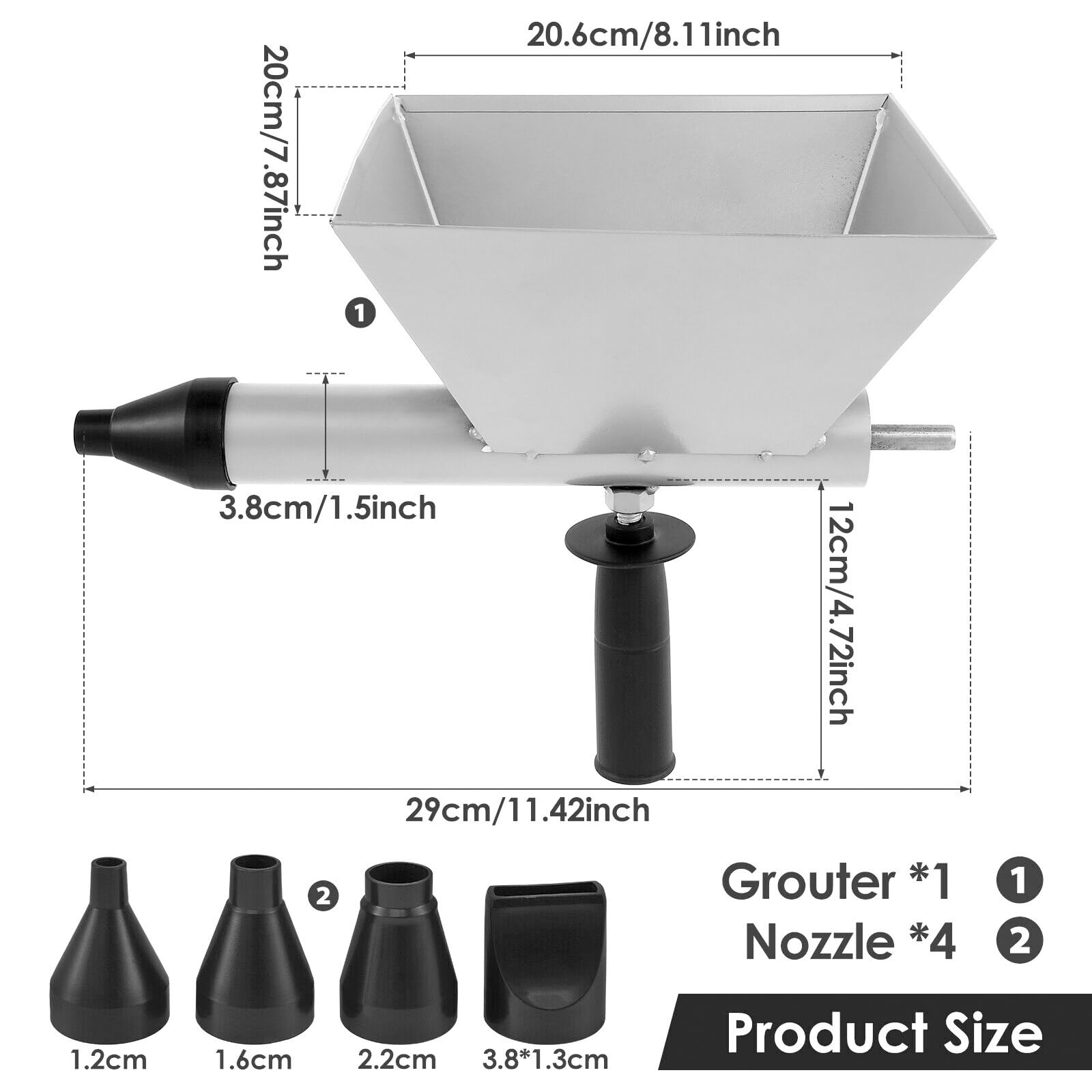 MeYuxg Large Size Auger Mortar Grout Gun, Metal Cement Caulking Gun with 4 Nozzles for Electric Drills, Silver - Image 2