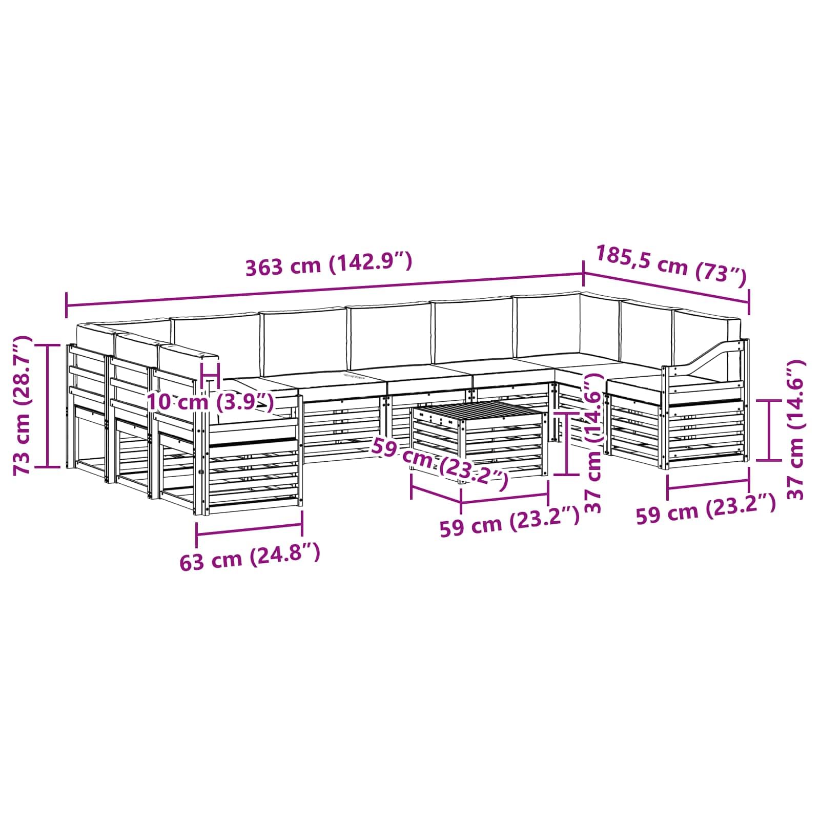 Ensemble de Canapés d'Extérieur 11 Pièces en Bois d'Acacia Massif avec Coussins, Salon de Jardin Modulable 10 Places pour Terrasse et Jardin, Style Moderne Lattes Blanc et Gris Clair