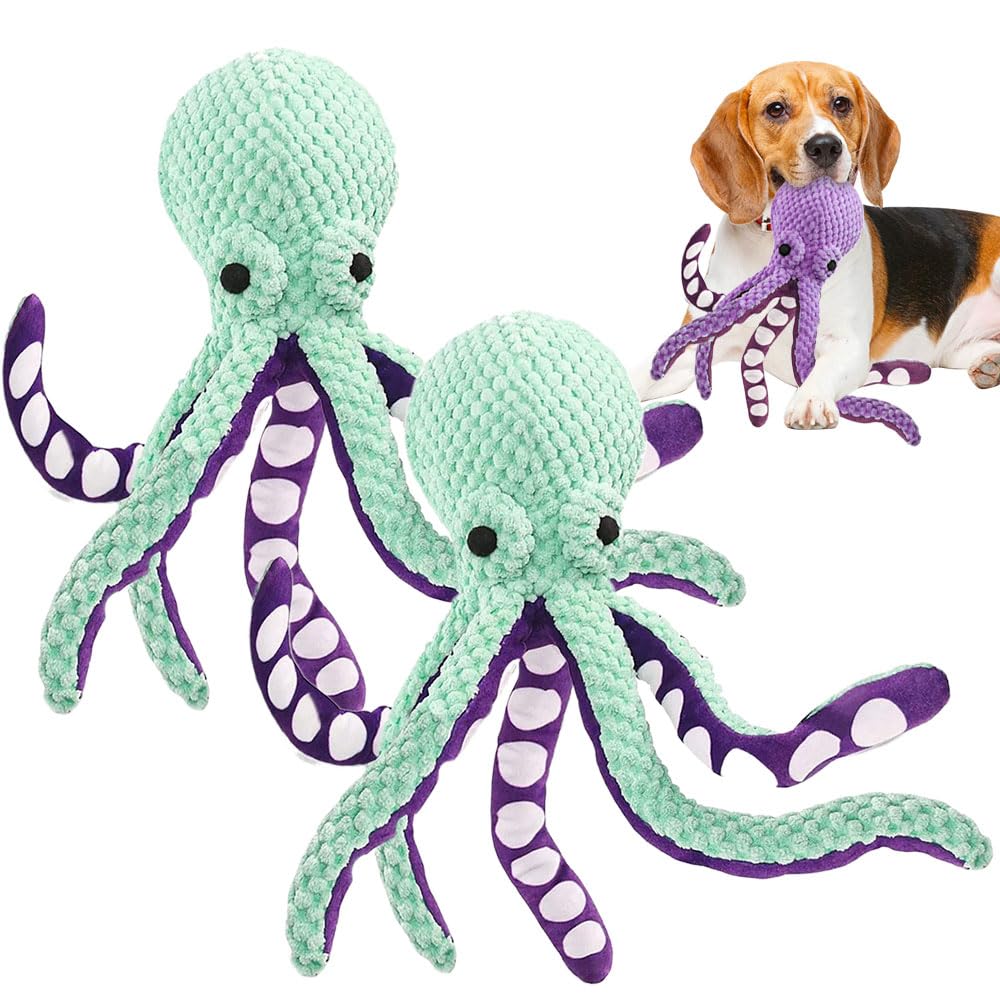 Dog Toys Indestructible, Squeaky Octopus Dog Toy to Keep Them Busy, Robust Dog Squeak Chew Toy for Large and Small Dogs, Plush Dog Toy for Heavy Chewers (Green 2Pcs)