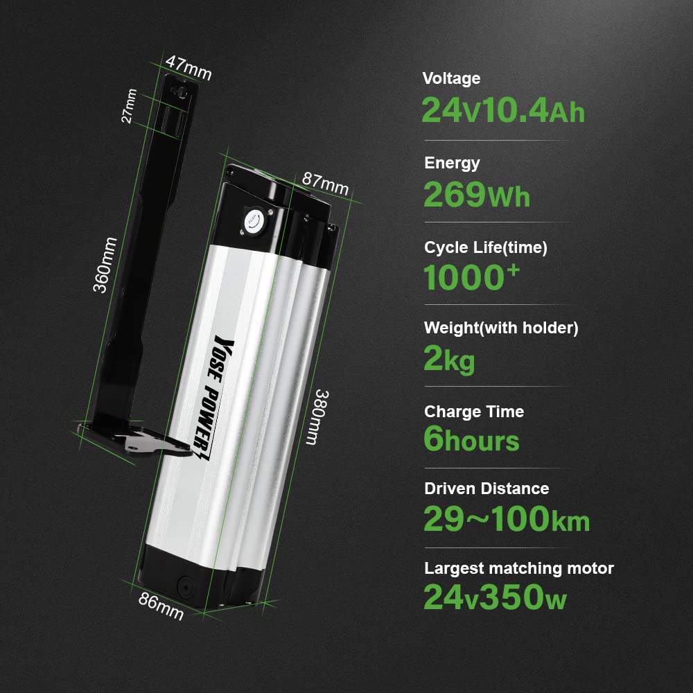 YOSE POWER Ebike Akku 24V 10.4Ah Lithium-Ionen Batterie XH259-10J für 250W / 350W Motor E-Bike mit Ladegerät für Phylion, MiFa, Rex, Zhenlong/ZL07010-F