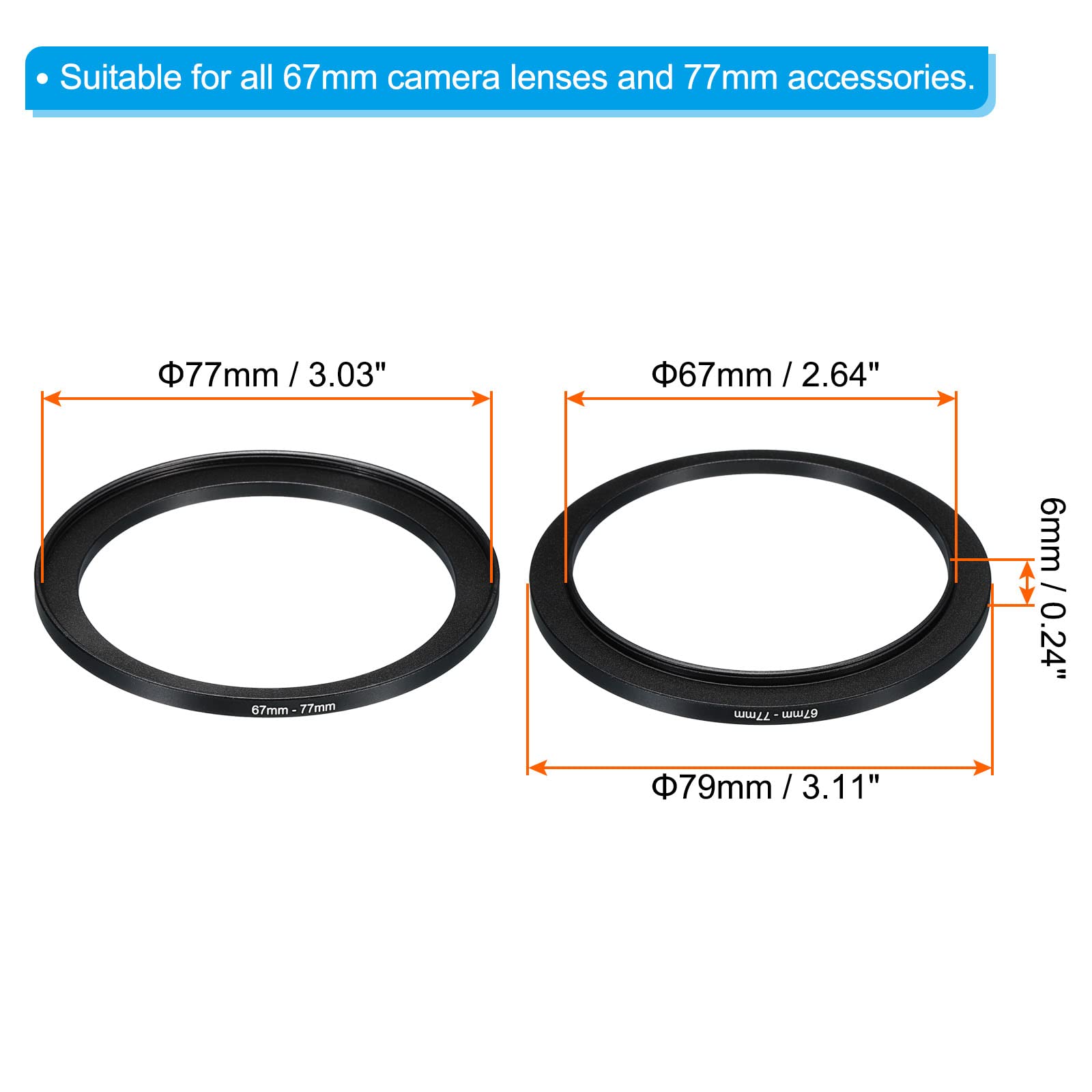 PATIKIL 67mm-77mm Metal Step Up Ring, Camera Lens Filter Adapter Ring Aluminum Filter Adapter Ring for Camera Lenses Hood Black - Image 2