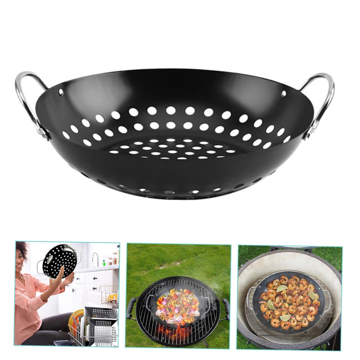 Sosoport Cestello per Barbecue in Acciaio al Carbonio Nero Rivestimento Antiaderente e Doppia Maniglia, Design a Grandi Fori per Grigliate All’aperto in Casa