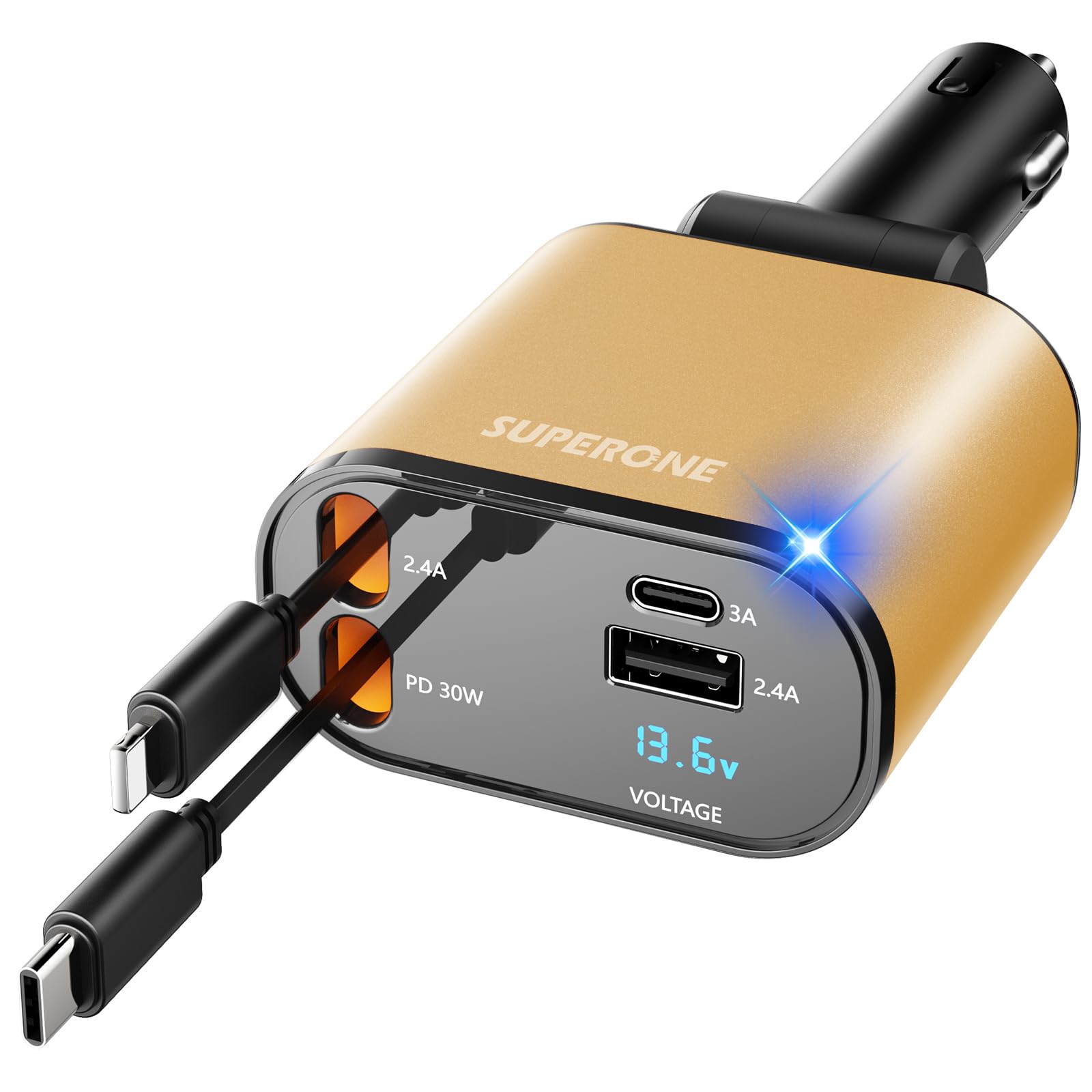 【Upgraded】 SUPERONE Retractable Car Charger 4 in 1, Fast Car Phone Charger with Cord 2.6ft, USB C and Apple Car Charger Adapter, Compatible with iPhone 17 16 15/15 Pro Max/14/13/12/11, Galaxy, Pixel