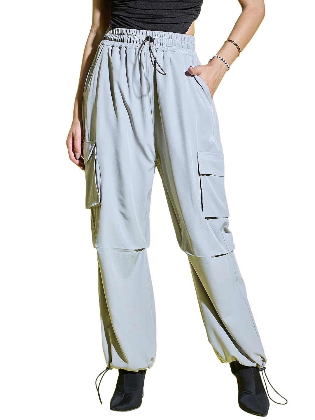 qioa Black Women Loose Fit Parachute Trousers | High Waist Cargo Trouser Pant-picture-21