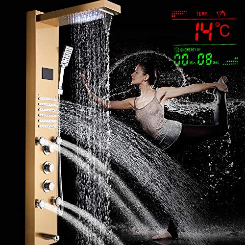 Panel de Ducha con Cascada de Agua y Luz LED, Montaje en Pared, Mezclador Digital para Agua Fría y Caliente, Acabado Dorado miniatura 1