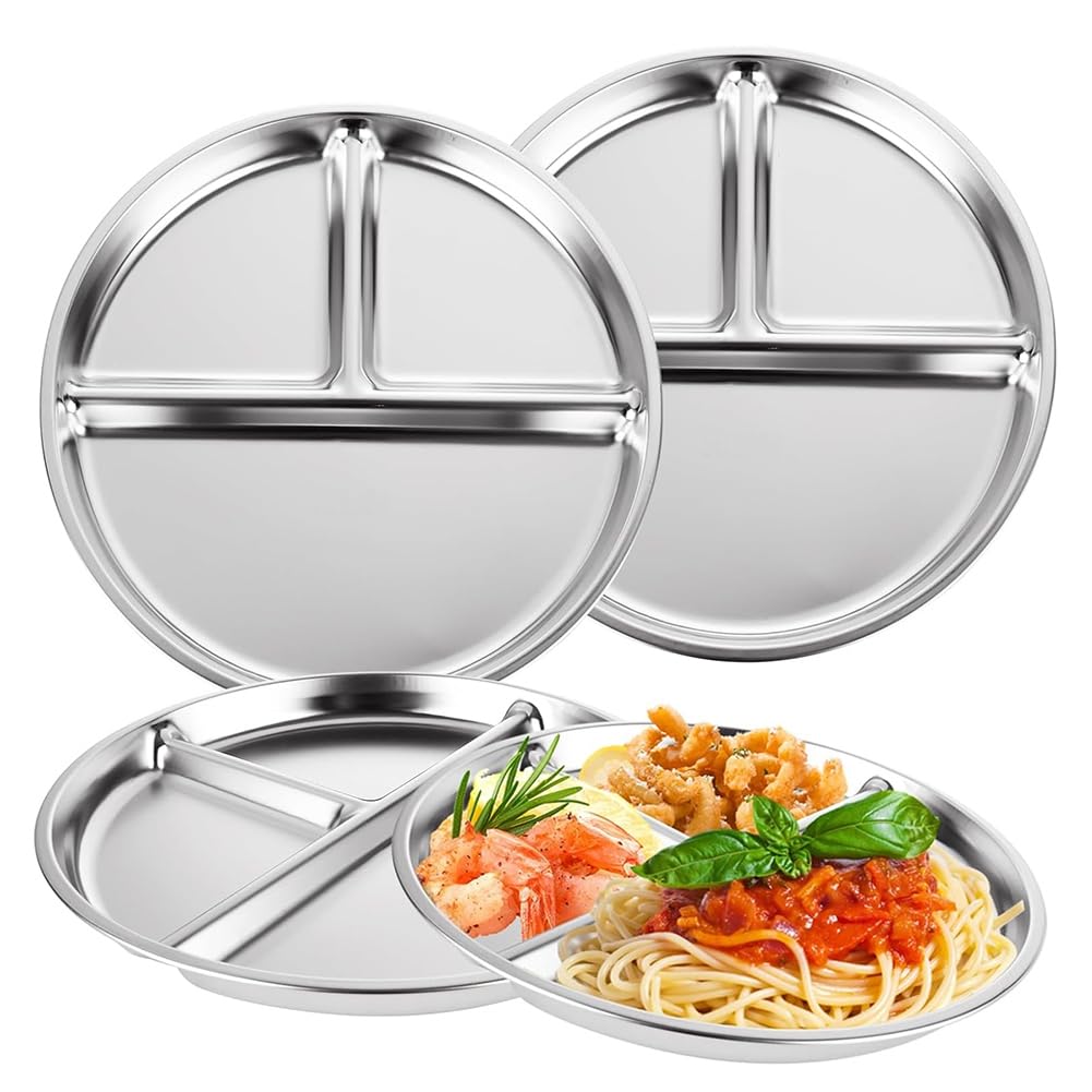 CTRLZS Reusable Dinner Mini Trays 3pcs 3 Compartment Portion Control forCamping, Picnic, Home Divided Food Tray Stainless Steel Plate