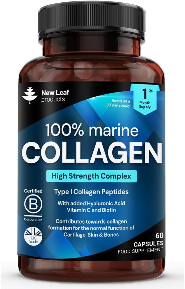 Pure Marine Collagen 100% Marine Collagen Type 1 1300mg - Hydrolysed Collagen Peptides Enhanced with Hyaluronic Acid & Vitamin C, High Strength Collagen Supplements for Women and Men, 60 Tablets
