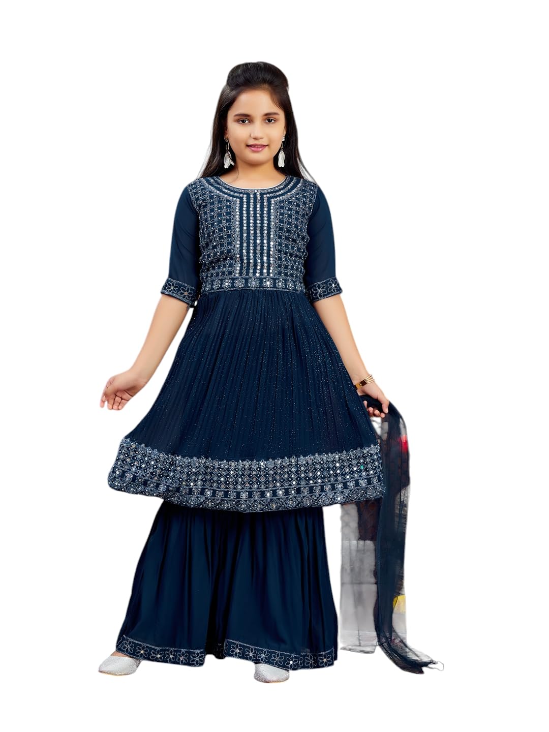 Aarika Girls Ethnic Wea Teal Blue Colour Mirror Embroidery Georgette Kurti Sharara Set (5-16 Years)