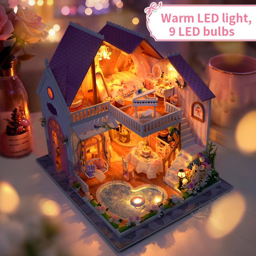 Topbsbfar, kit fai da te per casa delle bambole in miniatura, modello di villa europea con luce a LED, idea regalo per casa artigianale in legno
