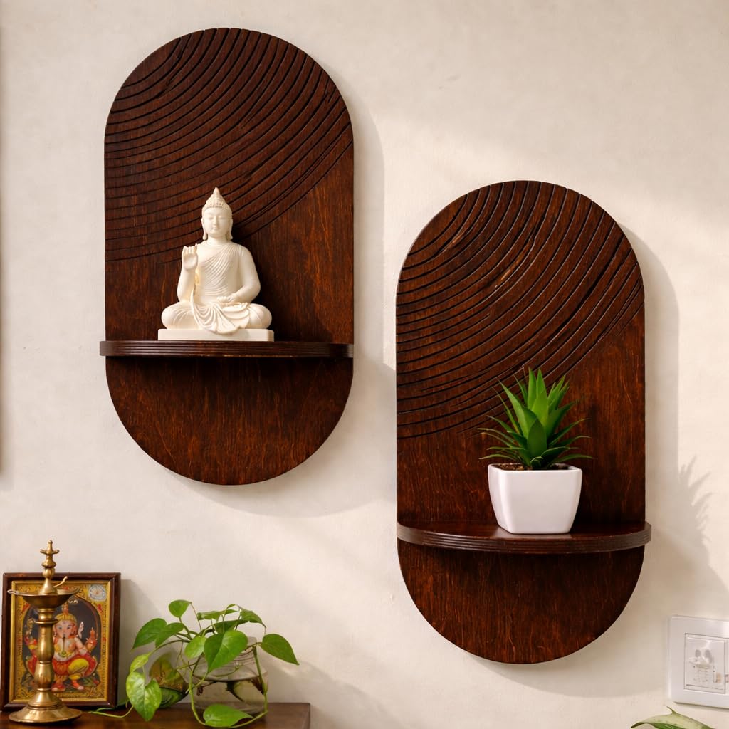 Wooden Wall Shelf Set of 2 (24 x 8 Inches) | Teak Finish Decorative Wall Shelf for Living Room, Bedroom & Pooja Room | Handmade Wooden Wall Decor Shelf for Home | Floating Wall Shelf Organizer-image-47